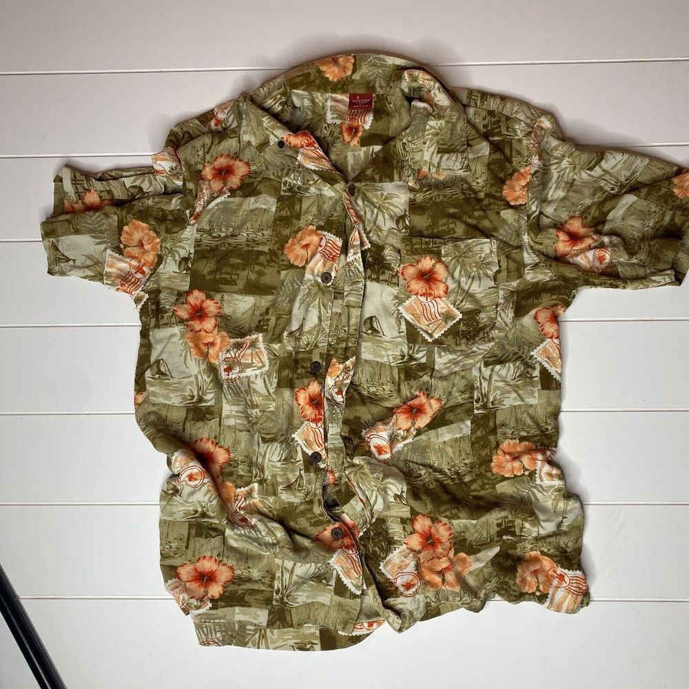 Junction West Hawaiian Shirt‎ Mens XL Orange Floral Print 100% Rayon Vintage